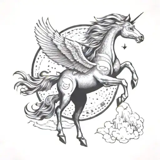 Flying Pegasus, Art Deco, Jugendstil, mountains, moon  tattoo design idea