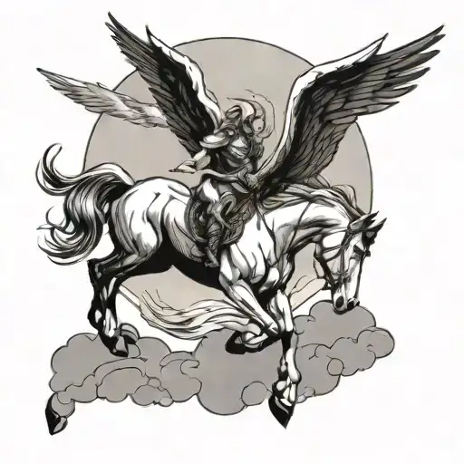 Pegasus in style of Arthur Rackham, flying, background mountains, moon, clouds, stars, Art Deco, Jugendstil  tattoo design idea