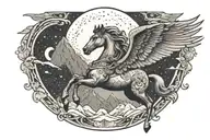Flying Pegasus, Art Deco, Jugendstil, mountains, moon  tattoo design idea