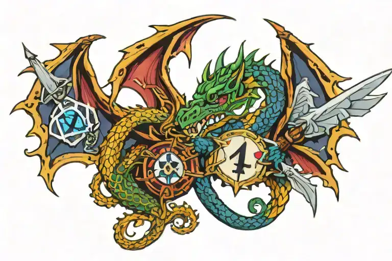 A full color celtic dragon with a D20, a sword, a fan of playing cards, and a guitar tattoo design idea