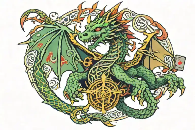 A full color celtic dragon with a D20, a sword, a fan of playing cards, and a guitar tattoo design idea