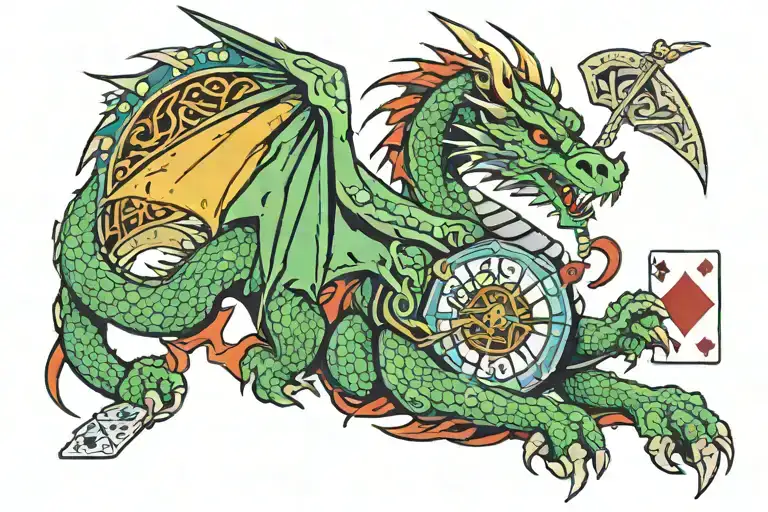 A full color celtic dragon with a D20, a sword, a fan of playing cards, and a guitar tattoo design idea