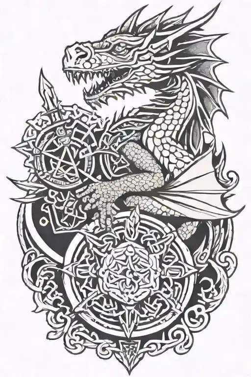 Celtic dragon with a D20, a sword and a fan of cards tattoo design idea