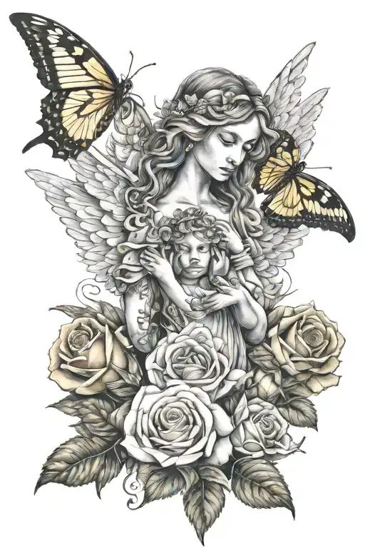 angels with 3 butterfies, rose, 3 cross wrist tattoo design idea