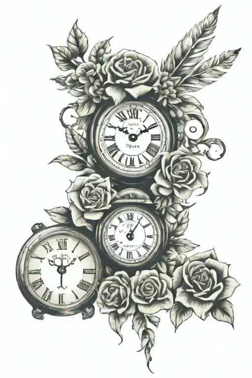 a family of 3, an analog clock, a globe, some flower and a band with the phrase "living is urgent " tattoo design idea