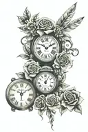 a family of 3, an analog clock, a globe, some flower and a band with the phrase "living is urgent " tattoo design idea
