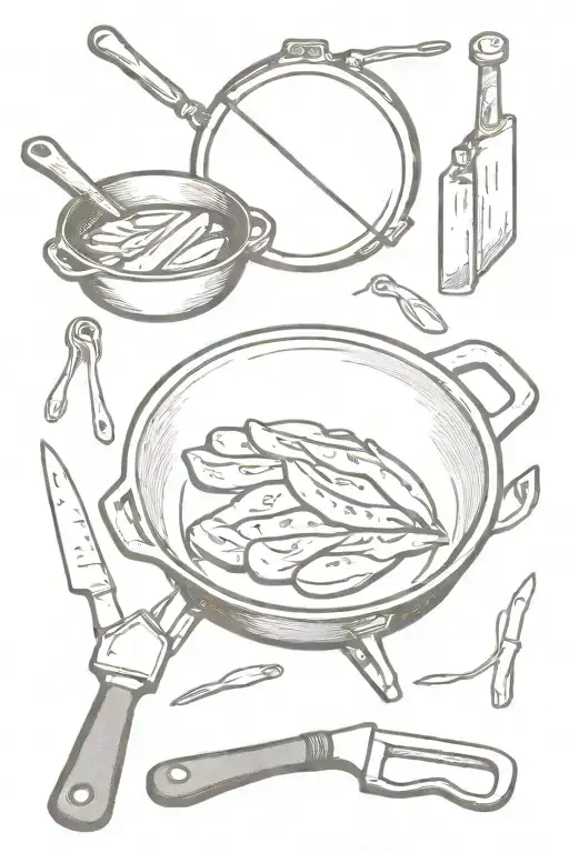 Cast iron skillet and knives and smoker tattoo design idea