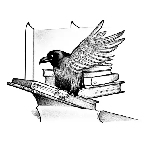 A mysterious raven perched on a stack of books, symbolizing your love for reading and gothic culture. tattoo design idea