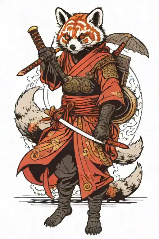 samurai female warrior holding a sword and red panda opersite the warrior and compass and samurai umbrella on the back tattoo design idea
