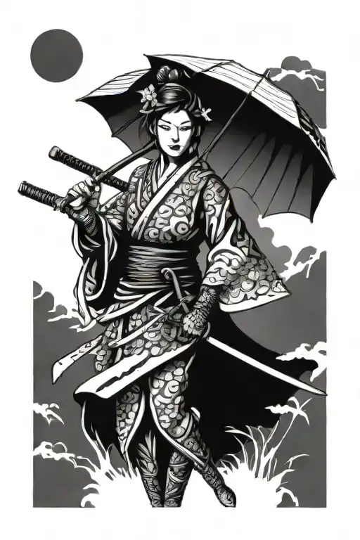 samurai female warrior holding a sword and compass and samurai umbrella on the back tattoo design idea
