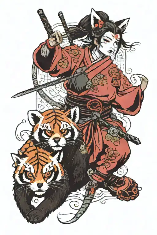 samurai female warrior holding a sward and red panda opersite the warrior tattoo design idea