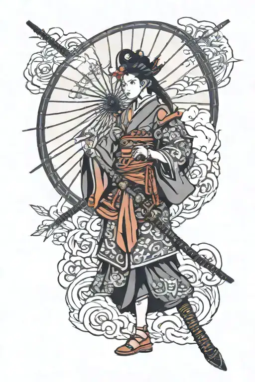 samurai female warrior holding a sword and compass and samurai umbrella on the back tattoo design idea