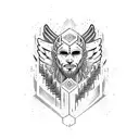 warrior call from the mountains , body full of scars, showcasing loyalty, unbreakable, unshakeable foundatiowith angels  tattoo design idea