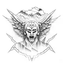 warrior call from the mountains , body full of scars, showcasing loyalty, unbreakable, unshakeable foundatiowith angels  tattoo design idea