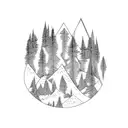Mountains with pine trees and sasquatch tattoo design idea