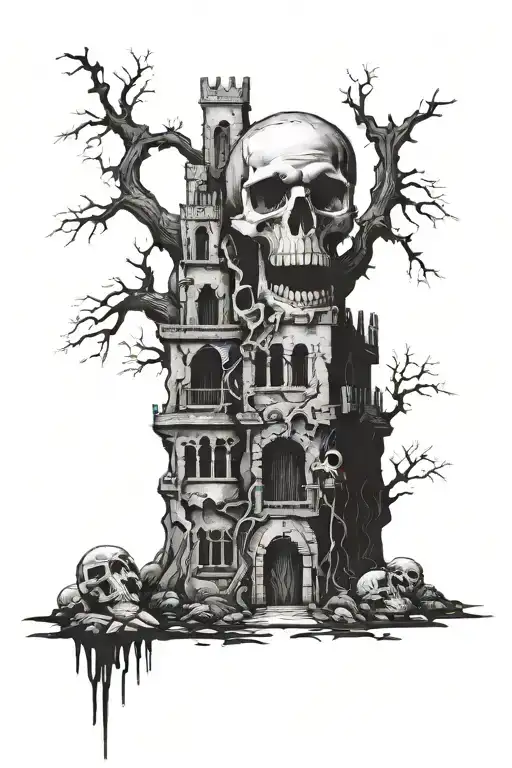 Spooky castle where the bottom the castle turns into a skull with no mandible. The mouth opens up to a spooky grave yard tattoo design idea