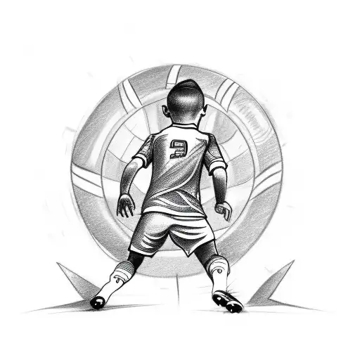 A sketch-style tattoo of a boy wearing a soccer jersey with the number 14 on the back walking into a soccer stadium  tattoo design idea