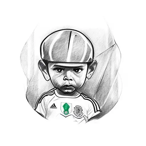 A sketch-style tattoo of a little boy wearing a Mexico jersey with the number 14 on the back looking into a stadium tattoo design idea