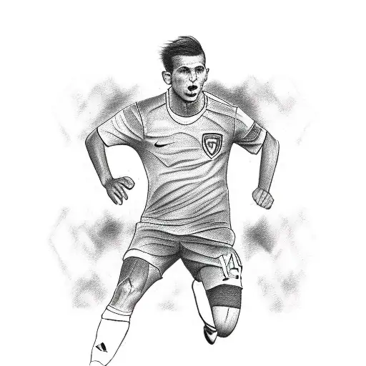 A sketch-style tattoo of a soccer player in action, with the number 14 on their jersey and the word 'passion' written in script below tattoo design idea