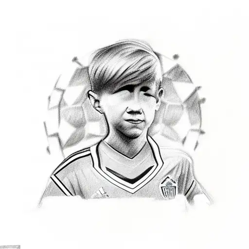A sketch-style tattoo of a boy wearing a soccer jersey with the number 14 on the back looking into a soccer stadium tattoo design idea