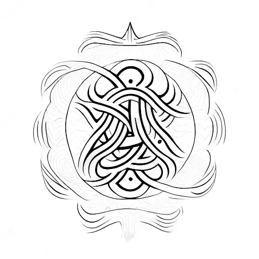 A minimalist tattoo design incorporating Iemanja's sacred symbols into a wave pattern, symbolizing the client's devotion to the goddess and connection to the ocean tattoo design idea