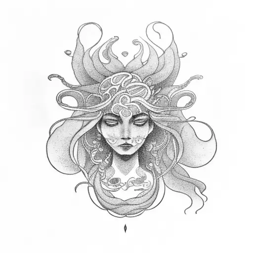 An intricate tattoo of Yemanja surrounded by flowing waves, symbolizing her connection to the ocean and serenity tattoo design idea