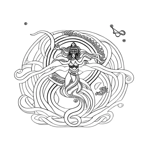 A minimalist tattoo design featuring ocean waves intertwined with symbols of Iemanja, the goddess of the sea, embodying the client's love for the ocean and spirituality tattoo design idea