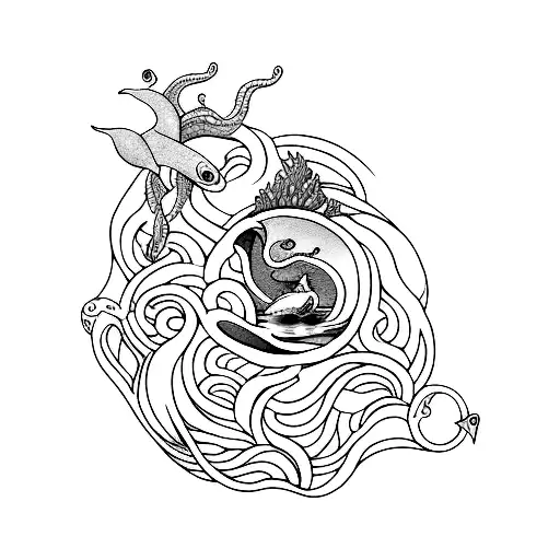 A minimalist tattoo design showcasing Iemanja as a guardian of the sea, surrounded by gentle waves and marine life, capturing the client's passion for the ocean and spiritual beliefs tattoo design idea