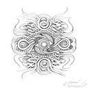 A unique minimalist tattoo design combining elements of the sea and Iemanja, such as seashells and flowing water, to symbolize the client's connection to the ocean and spiritual beliefs tattoo design idea