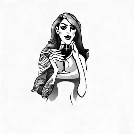 a woman with a glass of wine tattoo design idea