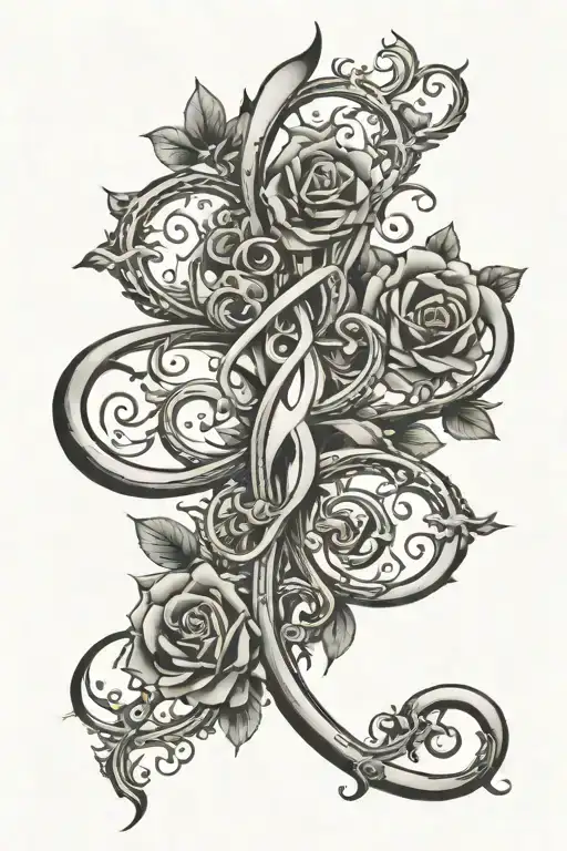 A tattoo design for a left lower arm. It should be an infinity symbol with the names "Mayet" and "James" on each side tattoo design idea