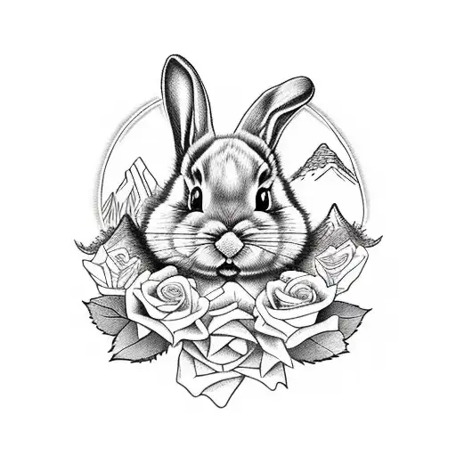 A majestic mountain range surrounded by a lush forest with a hidden bunny peeking out from behind a rose bush tattoo design idea