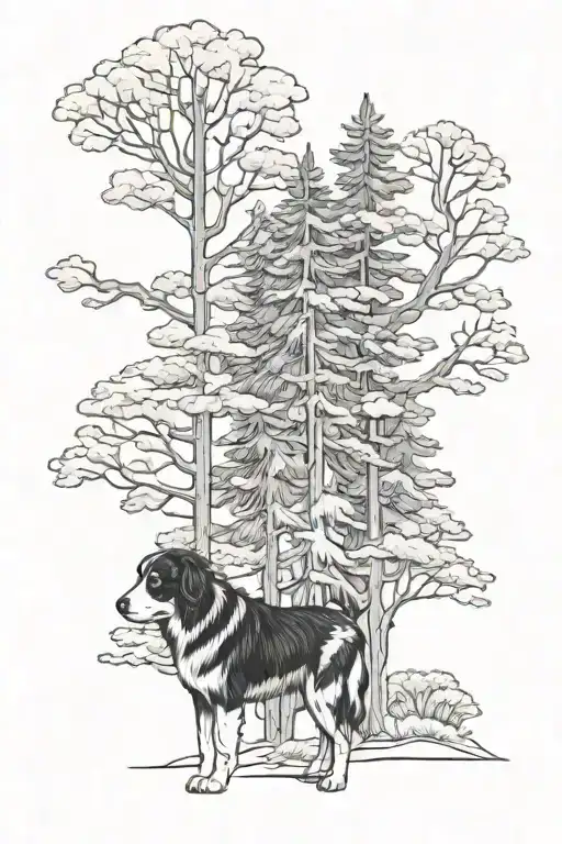 trees, bernese mountain dog, walking away tattoo design idea