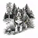 bernese mountain dog walking in the woods on a trail  tattoo design idea