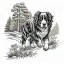 bernese mountain dog walking in the woods on a trail  tattoo design idea