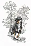 trees, bernese mountain dog, walking away tattoo design idea