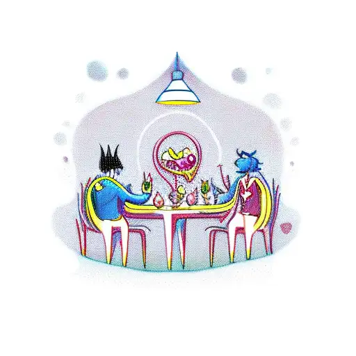 A romantic dinner with half demon half angel waiters tattoo design idea