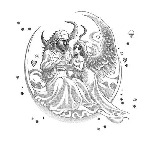 A dotwork tattoo of a guardian angel and a mischievous demon cooking together in a celestial kitchen, representing the harmony of love and chaos in life tattoo design idea
