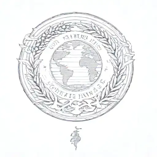 a medallion with the word sympatheia on it, laurel wreath and the earth tattoo design idea