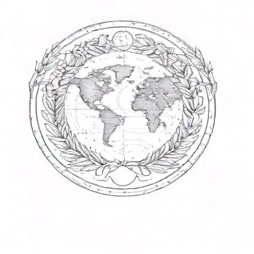 the word sympatheia in a circular form, laurel wreath on bottom and the earth in middle  tattoo design idea