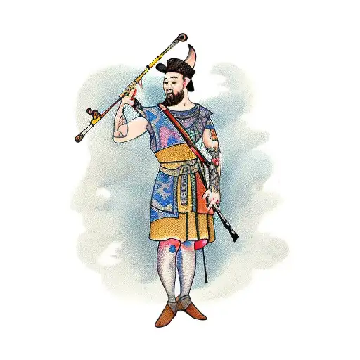 A tattoo in old style (thick traces, colored) of a man playing the flute with medieval clothes tattoo design idea