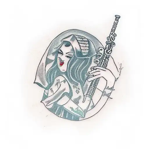 girl playing the flute with medieval clothes tattoo design idea