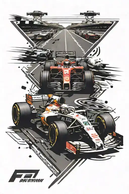f1 track with a f1 car racing on it, with a rally car in the background and racing elements as the main background  tattoo design idea
