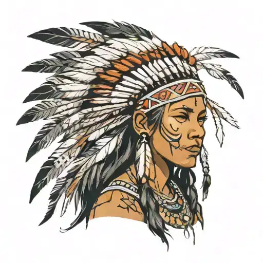 an American native Indian black woman with feathers in her hair, looking like a warrior who just left a battlefield tattoo design idea