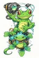 a green frog sits on a fish while he does electric magic sparks tattoo design idea