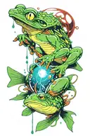 a green frog sits on a fish while he does electric magic sparks tattoo design idea