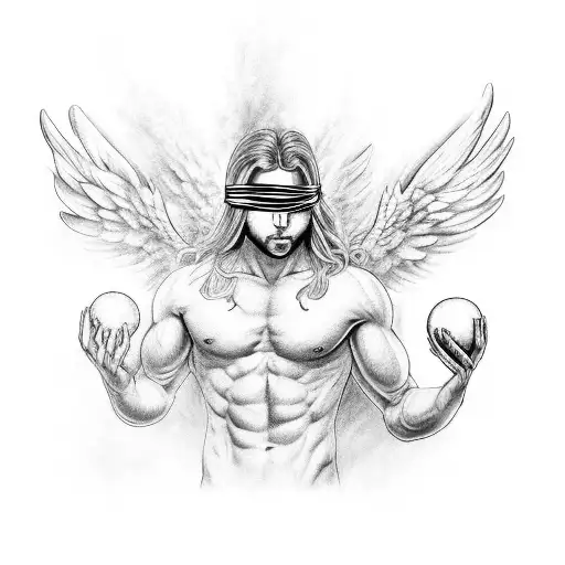 white Long-haired, shirtless, blindfolded, six-winged archangel holding an energy ball on one of the hands tattoo design idea