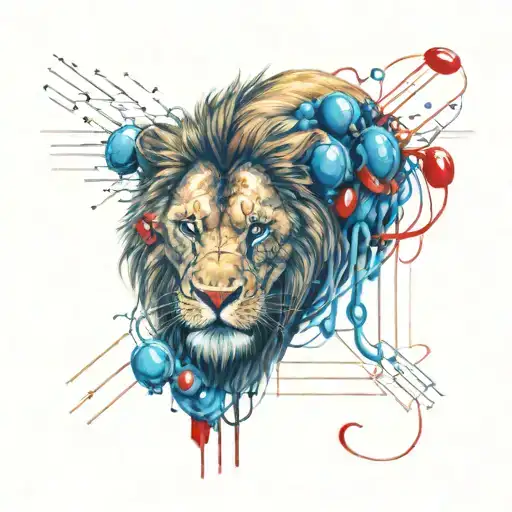 A lion playing with the blue and red pill from the matrix. In the backround binaric strings of 1 and 0 that in the end  tattoo design idea