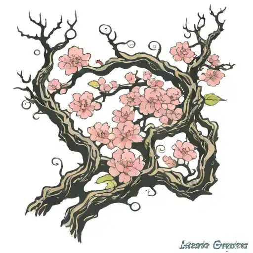 sakura tree and tree spirits on branches tattoo design idea