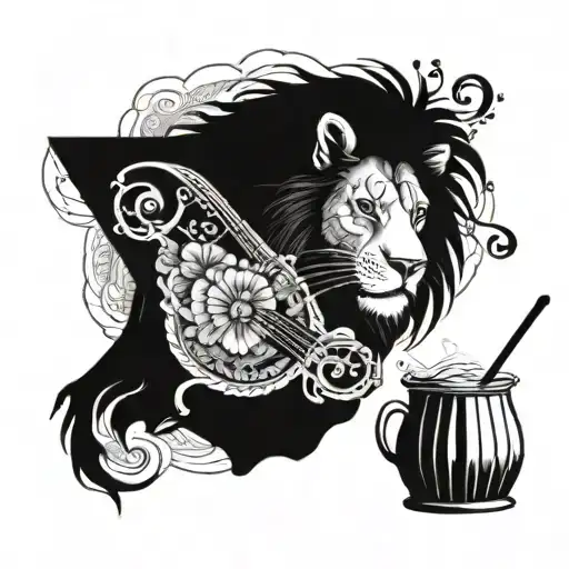 A tattoo of a lion's face with a bar tender's apron draped over its shoulder, surrounded by musical instruments and Japanese cloud motifs tattoo design idea